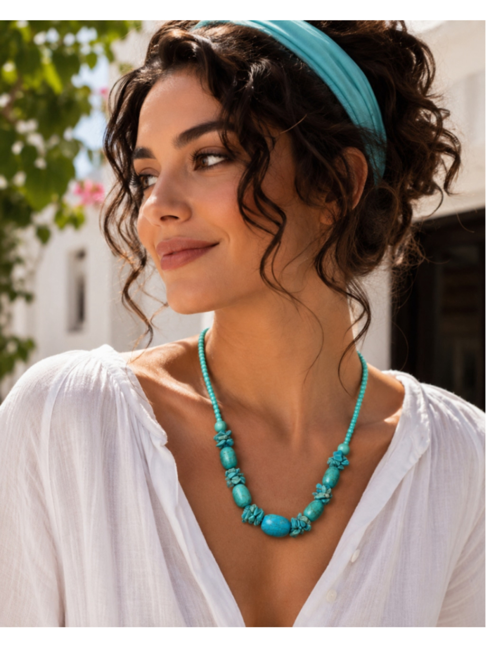 Vintage Turquoise Statement Beaded Necklace – Southwestern Boho Chunky - Picture 1 of 10